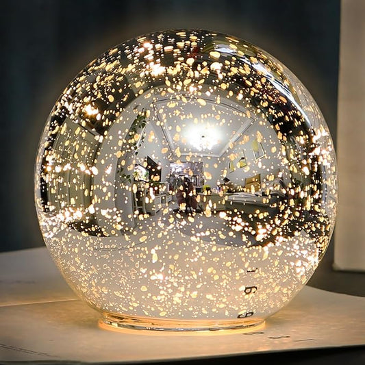 Lighted Mercury Glass Ball Table Lamp with Timer, Silver Cordless Orb Christmas Decor Ball Led Light Globe for Mother's Gift, Battery Operated Sphere Glass Night Light for Home Bedroom Indoor Décor