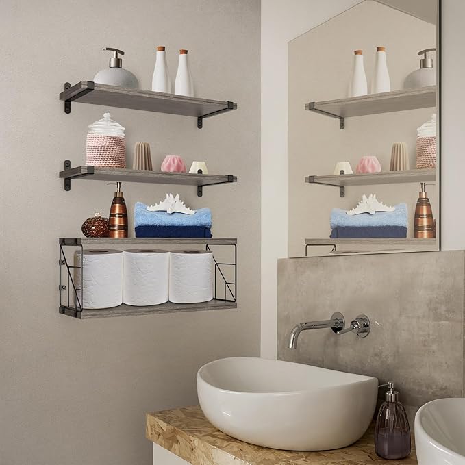 B4Life Floating Shelves Wall Mounted Bathroom Rustic Over Toilet Shelves with Toilet Paper Basket, Farmhouse Floating Shelf for Bedroom, Living Room, Kitchen, Wall Decoration