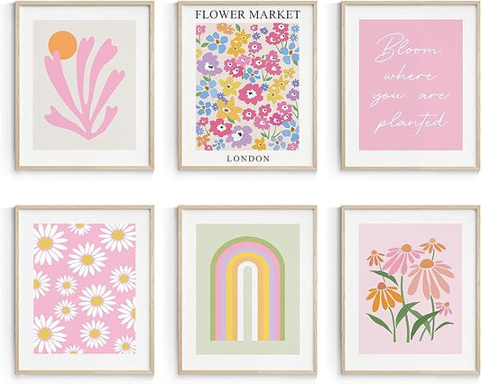 Habseligkeit Pink Danish Pastel Wall Decor for Girls Dorm, Boho Matisse Wall Art Prints, Flower Market Posters for Room Decor Aesthetic Unframed, 11x14in, Set of 6