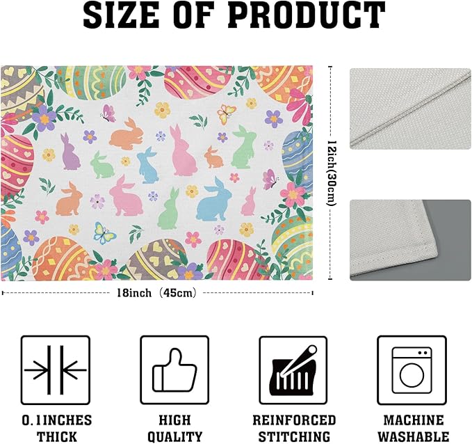Easter Placemats Set of 4 Colorful Eggs Flowers Easter Bunny Rabbits Heat Resistant Washable Spring Seasonal Table Mats 12x18 Inch for Holiday Party Kitchen Dining Decoration