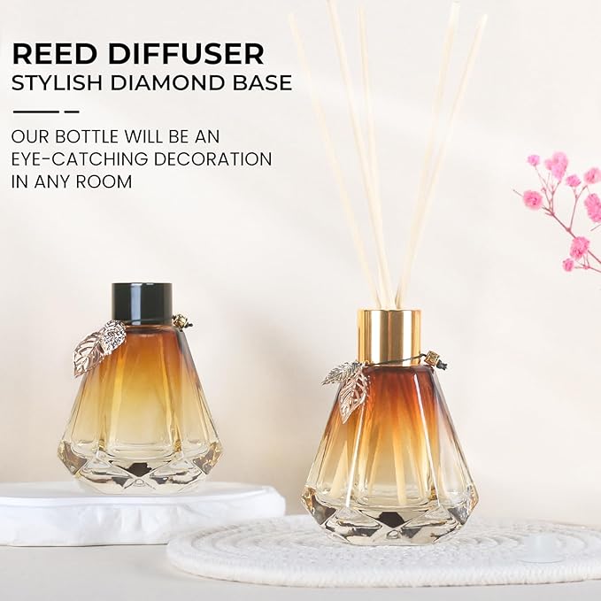 Reed Diffuser, Reed Diffuser Empty Bottles with 20pcs Reed Diffuser Sticks, Delicate Gold Leaf Decor, Glass Fragrance Diffuser Set with lids for Home… (Black+Gold, 4PCS)