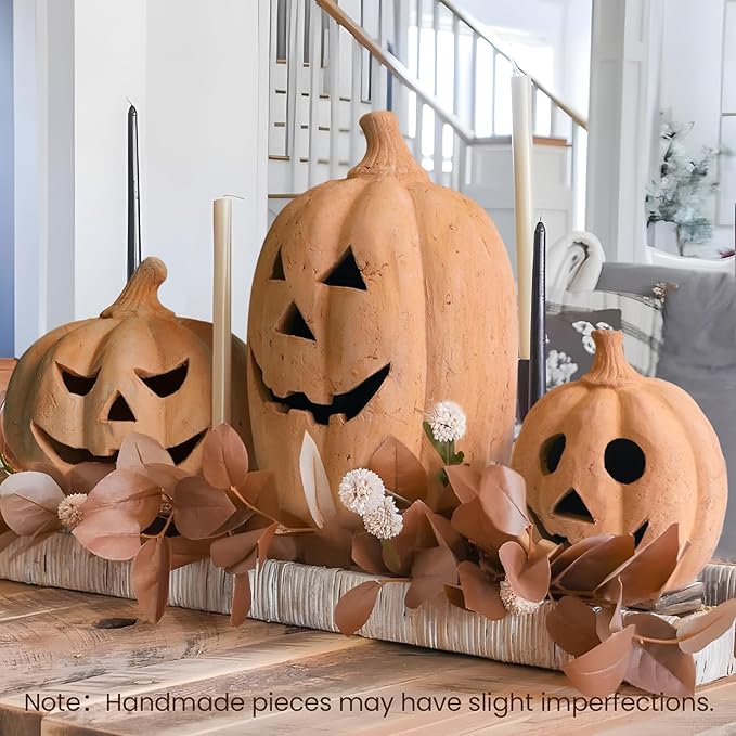 Fall Decor - Halloween Decorations - Handmade Terracotta Pumpkin Jack O' Lantern Outdoor Indoor - Cute Halloween Autumn Farmhouse Table Festival Decoration for Home Porch Front Door Mantel Room(Small)