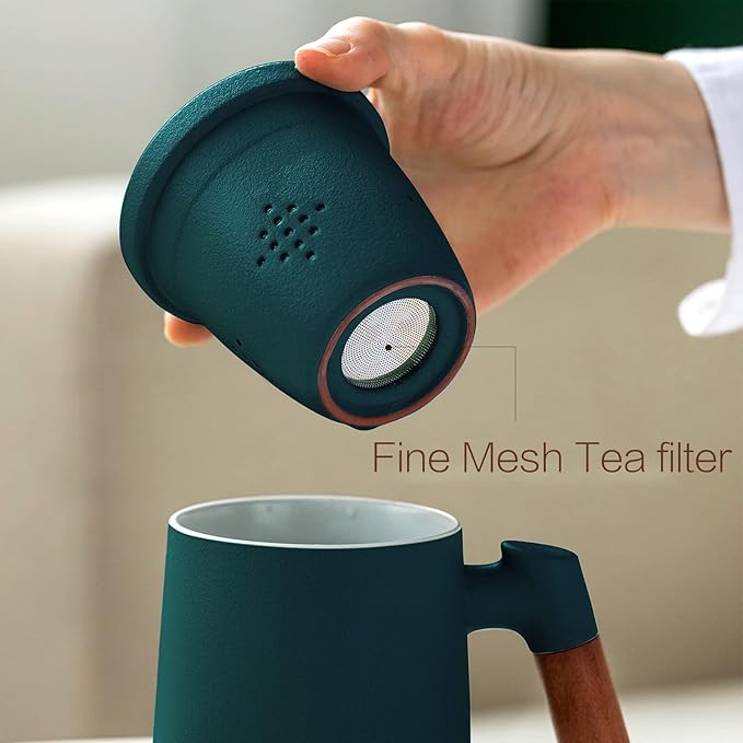 ZENS Tea Cup With Infuser and Lid, 12oz Green Mug for Loose Leaf Steeper, Wood Handle With Fine Strainers Hot Diffusers, Ceramic Mugs Accessories for Lovers Gifts