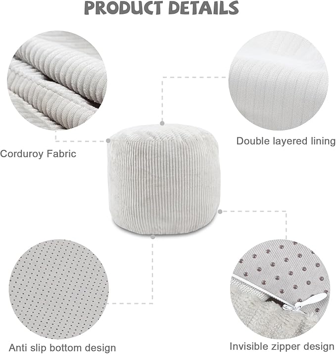 Sexysamba Round Corduroy Pouf Cover Only, 20"x 16" Unstuffed Decorative Ottoman Foot Stool Rest, Washable Storage Bean Bag Chair Floor Pouf Covers for Living Room Bedroom, Grey