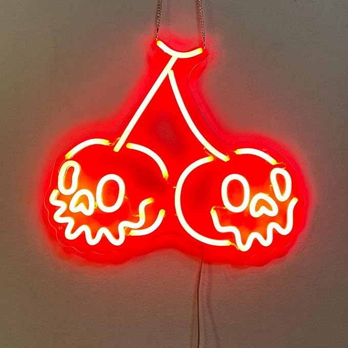 Skull Neon Sign,Cherry Wall Decor for Bedroom,Halloween Horror Decor,Gothic Red Light for Party,USB Powered Cherry Skull,Goth Lover Gifts-15"Red