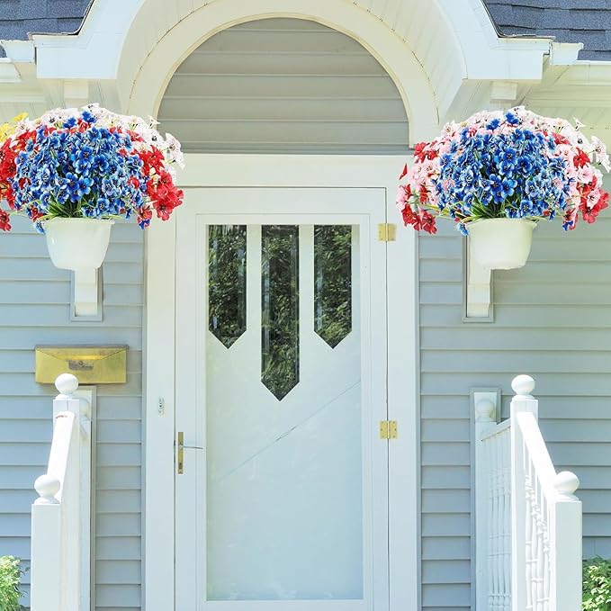22 Bundles Artificial Flowers Outdoor, Faux Flowers UV Resistant with Plastic Plants, Faux Silk Flowers for Outdoors Outside Front Porch Hanging Planter Window Box Garden Decoration(Blue)
