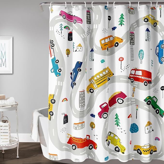 AILONEN Construction Shower Curtain, Truck Fire Engine Police Car Bath Curtain for Kids Boys,Red Yellow Blue Truck Car Bathroom Decor Waterproof Fabric 60" W*72" H Inch with 12 Plastic Hooks