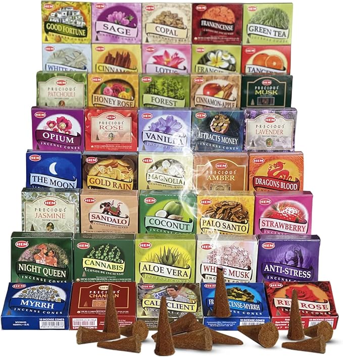 Hem Incense Cones Variety Pack of 12 Randomly Selected Fragrances and Incense Cone Holder Bundle Total 120 Cones