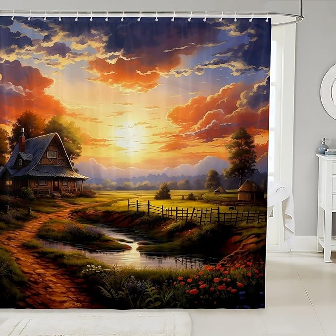 Feelyou Western Farmhouse Fabric Shower Curtain Kids Farmhouse Bathroom Waterproof Accessories with 12 Hooks for Boys Girls Sunset Shower Curtain Nutrue Theme Curtains,72x84 Inches