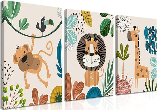 AKWISH Nursery Wall Decor Set of 3, Safari Canvas Wall Art Animals Paintings Prints, Boy Girl Kids Room Wall Decor for Shower Theme Decorations Baby Children's Room Bedroom 16x24 inch Framed