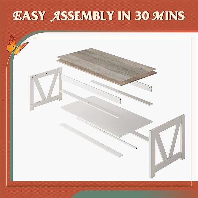 WLIVE Coffee Table, 43" Farmhouse Coffee Table with Storage Shelf & Sturdy V-Shaped Support, Wood Center Table for Living Room, Bedroom, Office and Balcony, White