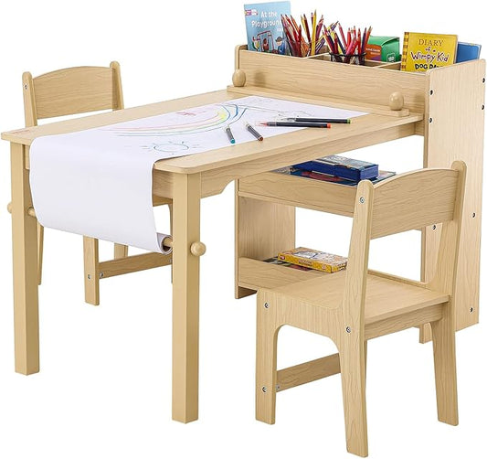 VEVOR Kids Art Table and 2 Chairs, 2-in-1 Toddler Craft and Play Activity Table, Wood Toddler Table and Chair Set with A Cabinet for Art, Craft, Reading, Learning
