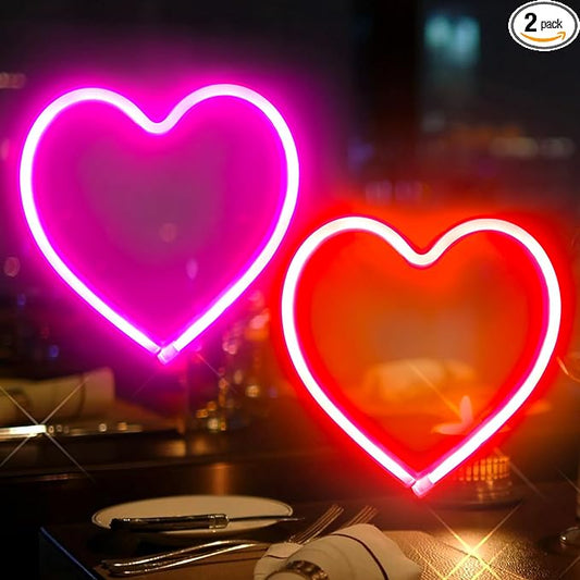 2-Pack Heart Neon Sign, Neon Heart Lights Battery Operated or USB Powered Decoration Lamp, LED Mothers Day Decoration Lights for Bedroom Girl's Room Birthday Party Wedding Christmas Décor (Pink & Red)