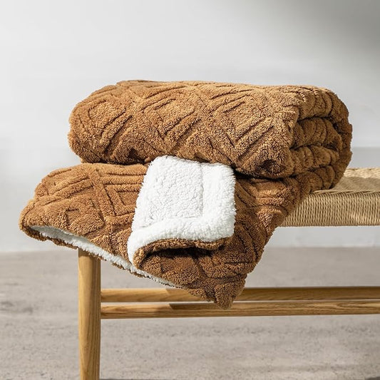 EVERGRACE Jacquard Boho Sherpa Fleece Throw Blanket for Couch, Super Soft Cozy Fuzzy Plush Blankets for All Seasons, Reversible Thick Warm Blanket for Bed, Sofa, Living Room, Burnt Orange, 50" x 60"