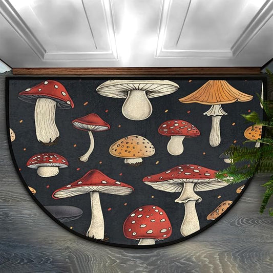 Half Round Door Mat Non Slip Bath Mats Funny Bathroom Rugs Half Circle Carpet for Home Bathroom Laundry Kitchen Decor Mushrooms