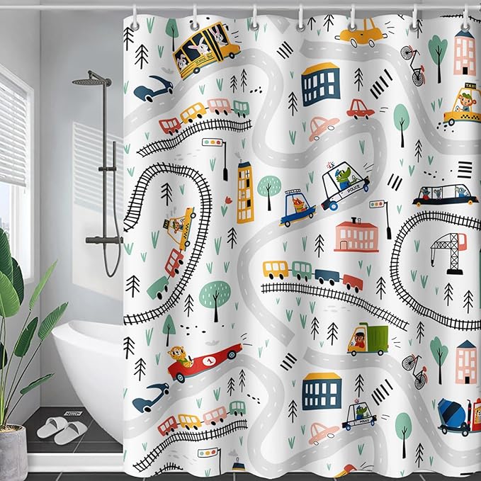 AILONEN Construction Truck Shower Curtain, Kids Cartoon Train Vehicle Tractor Cars Bath Curtain for Boys,White Road Map Bathroom Decor Waterproof Fabric 72" W*78" H Inch with 12 Plastic Hooks