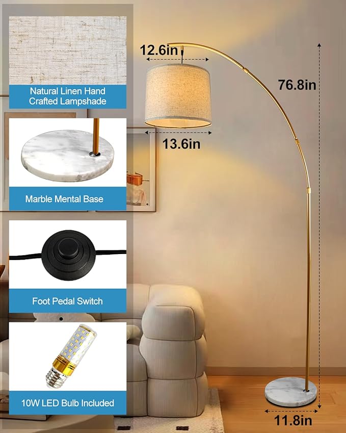 Lightdot Arc Floor Lamps for Living Room, Modern Standing Lamp with Hanging Drum Shade, Tall Standing Floor Lamp with Foot Switch, Over Couch Arched Reading Light for Bedroom, Office (Gold)