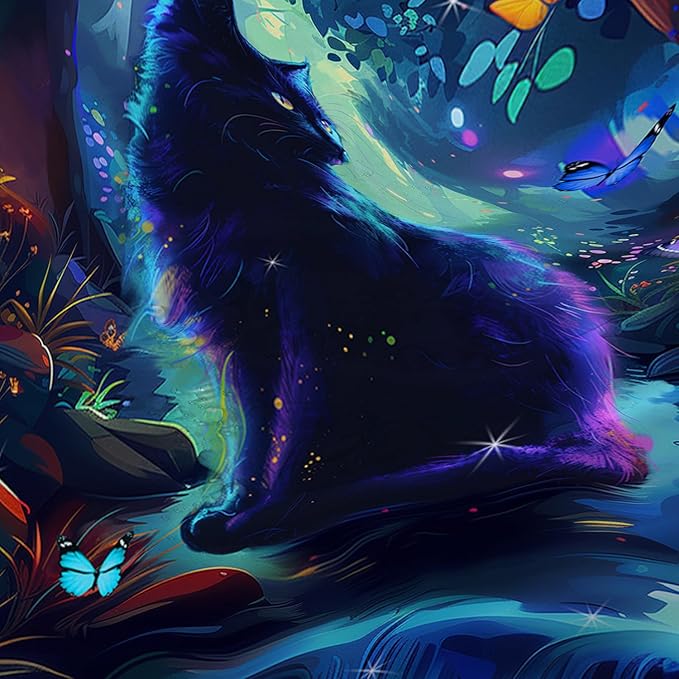 AILONEN Black Cat Shower Curtain,Cartoon Cat Shower Curtain Set for Kids Boys Girls,Boho Style Butterfly Shower Curtain Curtain for Bathroom,Mysterious Forest Curtain Set with Hooks,60" W*72" H