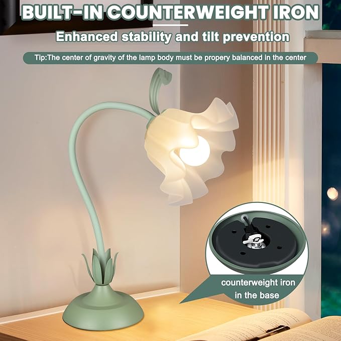 Flower Desk Lamp,LED Reading Light Bedside Vintage Flower Night Light,3 Colors Modes Cute Bedside Lamps Decor,Living Room Bedroom Room Kawaii Lighting Table Lamps Home Decoration (Green)