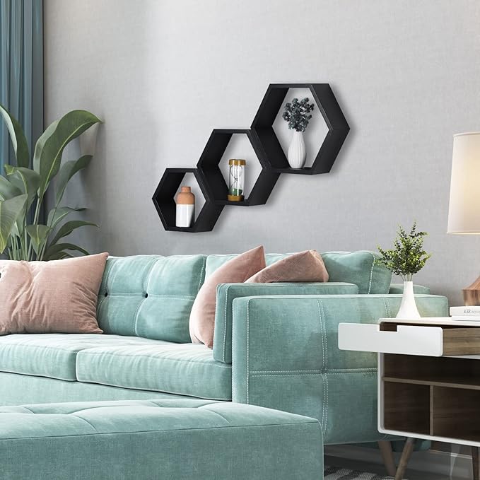 PHOENANCEE Hexagon Floating Shelves,Honeycomb Shelves Set of 3,Wall Mounted Wood Farmhouse Hexagonal Storage Wall Shelf for Bathroom, Kitchen, Bedroom, Living Room