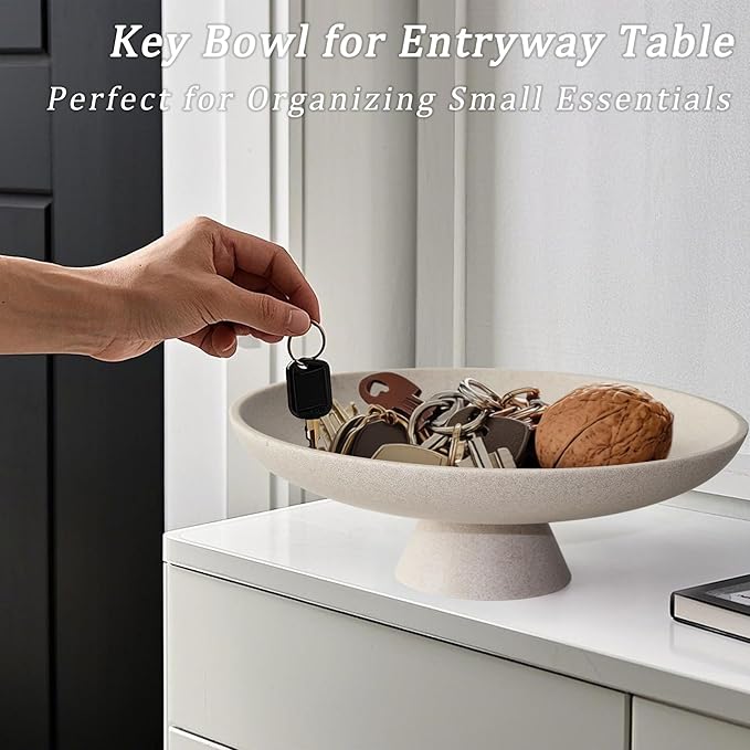 Modern Resin Pedestal Decorative Bowl, Large Fruit Bowl for Kitchen Counter, Stylish Key Bowl for Entryway Table, Beige
