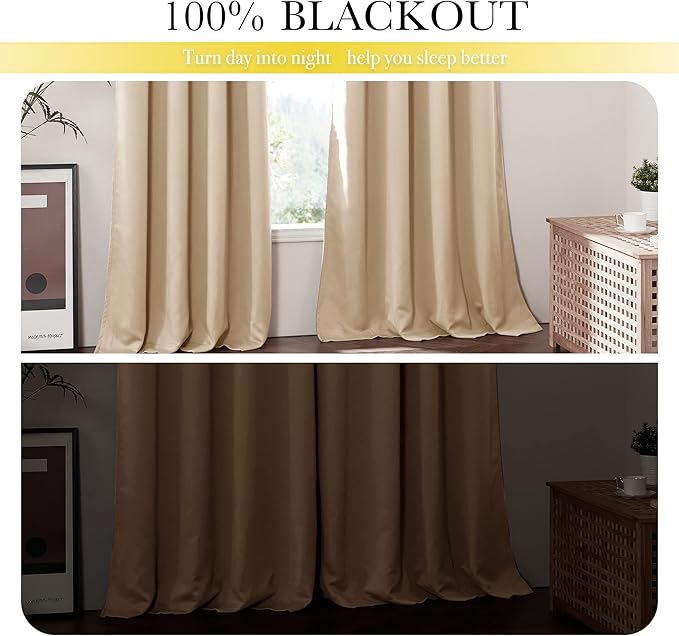 NICETOWN Thermal Insulated 100% Blackout Curtains, Noise Reducing Performance Drapes with Lining, Full Light Blocking Drapery Panels for Patio (Biscotti Beige, 1 Pair, 52 inches x 95 inches)