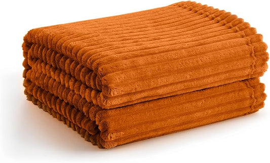 Vessia Flannel Fleece Throw Blanket, 300GSM Cozy Orange Striped Blanket for Kids and Adults, Warm and Soft Microfiber Ribbed Couch and Sofa Throw for All Season(50x40inch)