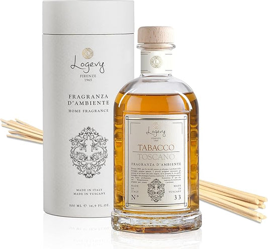 Logevy Firenze 1965 Tabacco Toscano – Tuscan Tobacco Luxury Home Fragrance Diffuser from Master Perfumer in Italy with Sweet Musky Notes in Elegant Glass Bottle with 12 Natural Bamboo Reeds – 500ml