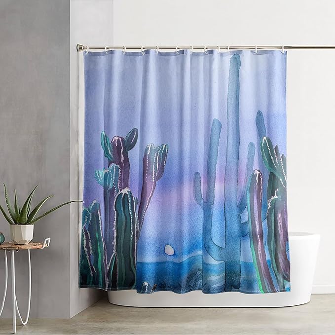 AILONEN Watercolor Cactus Shower Curtain,Blue-Purple Dreamy Theme Bathroom Fabric Shower Curtain for Boys Kids Teens, 60" W*72" H Night Cactus Forest Bathroom Decor