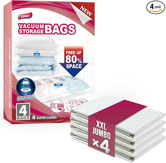 TAILI 4 Pack Vacuum Storage Bags for Comforter and Blankets, XXL Jumbo Vacuum Seal Bags for Bedding (47x39 Inch), Huge Space for Toy, Bedding, Pillows, Save More Closet Space