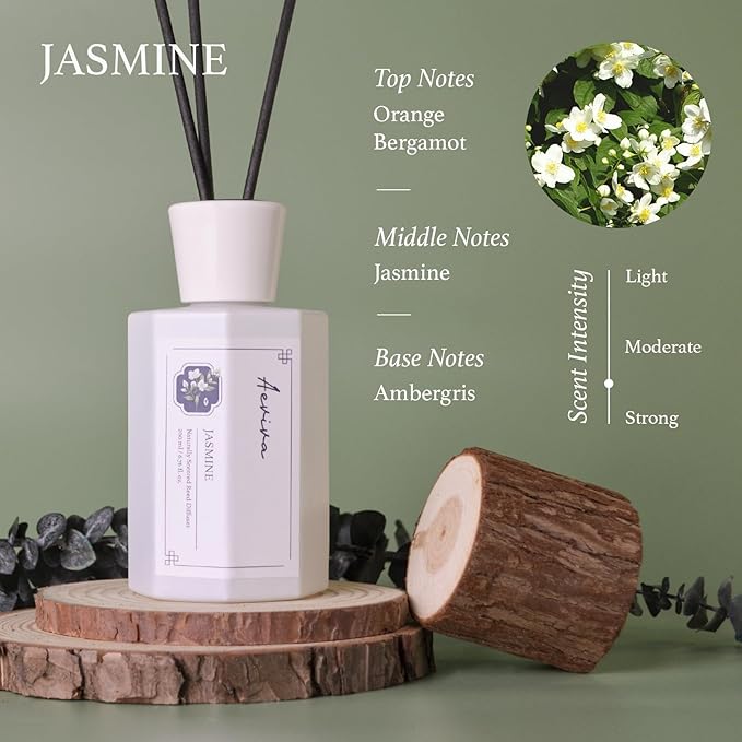 Reed Diffuser Set, 6.76 fl oz Jasmine Scented Oil Diffuser, Home Fragrance with Reed Sticks for Bedroom, Office, Bathroom Shelf Decor & Gifts