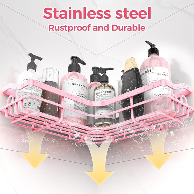 Pink Corner Adhesive Shower Caddy，Rustproof Stainless Steel Corner Shower Shelves for Bathroom Kitchen, No Drilling Wall Mounted Shower Rack for Inside Shower, 3 Pack