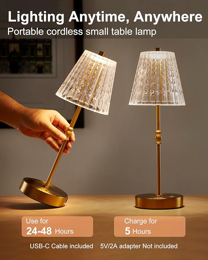 Cordless Table Lamp, 2500mAh Rechargeable Battery Operated Portable Lamp, Dimmable+3 Colors LED Touch Control, Vintage Crystal Lamp for Bedroom, Kitchen, Bar, Office