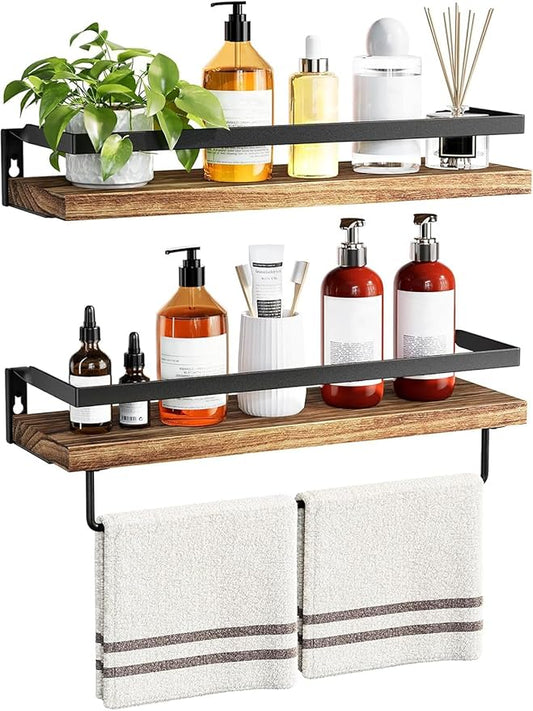 Amada HOMEFURNISHING Floating Shelves Wall Mounted, Wall Shelves for Bathroom, Kitchen, Bedroom, Storage Shelf with Towel Bar, Set of 2, Rustic Brown