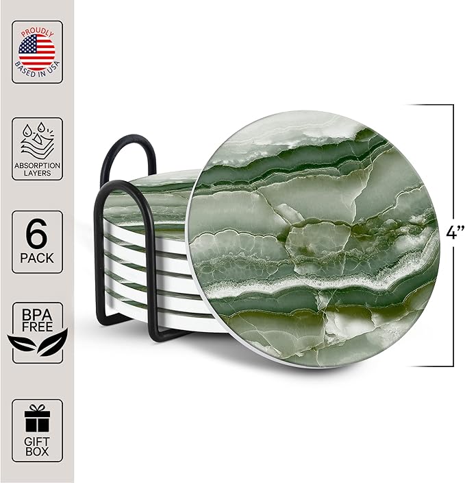 Emerson Coasters for Drinks Absorbent – Natural Stone Drink Coasters Set with Holder, Coasters for Coffee Table, Wooden Tabletop Protection Marble Style – 100% Heavy Duty Set of 6 (Green Onyx)