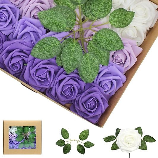 Artificial Flowers 50PCS Purple Roses Real Looking Foam Fake Roses with Leaves and for DIY Wedding Bouquets Bridal Shower Centerpieces Party Decorations (Purple Series, 50)
