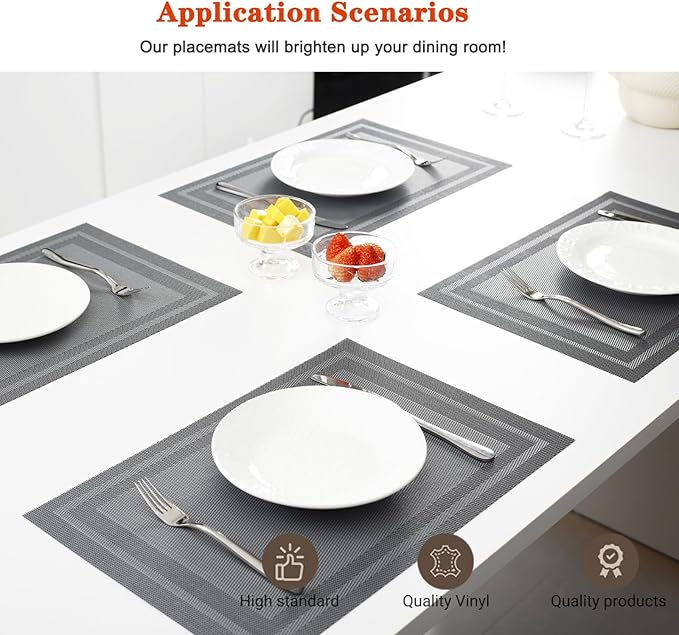 Placemats Set of 6,Washable,Heat and Stain Resistant Indoor/Outdoor Place mats, Vinyl Woven Non Slip Table Mats for Restaurant Table Protection, PVC Table Mats(Dark Gray, 6PCS)