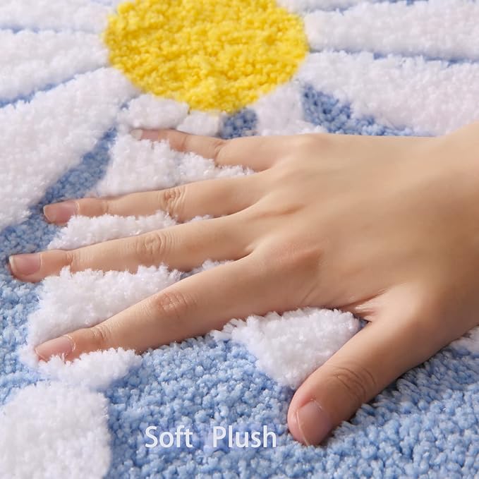 QJHOMO Blue Bathroom Rugs Cute Daisy Bath Mat White and Yellow Flower Decor Rug Non Slip Floor Carpet Microfiber Bathmat Super Absorbent Machine Washable Bathtub Mats for Shower (24x36 inch)
