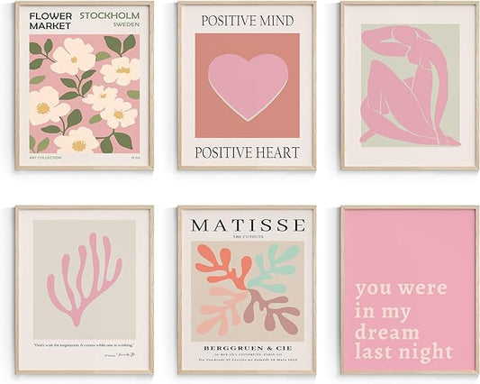 Habseligkeit Flower Market Posters Aesthetic, Matisse Abstract Wall Art Prints Danish Pastel Pink Wall Decor, Floral Wall Art Prints for Girs Dorm Aesthetic Decor Unframed, 8x10in, Set of 6