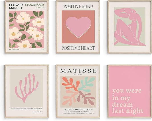 Habseligkeit Flower Market Posters Aesthetic, Matisse Abstract Wall Art Prints Danish Pastel Pink Wall Decor, Floral Wall Art Prints for Girs Dorm Aesthetic Decor Unframed, 11x14in, Set of 6