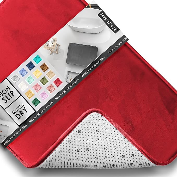 Clara Clark Bathroom Rugs, Velvet Memory Foam Bath Mat, Non-Slip, Machine Washable Bath Rugs - Dries Quickly, Ultra Soft Plush Bath Mats for Bathroom, 17 x 24, Burgundy Red