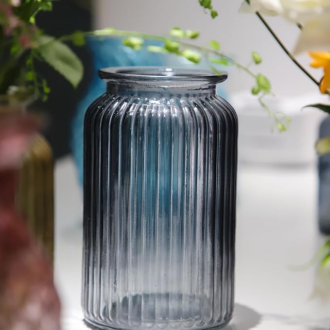 OFFIDIX Glass Vase,7.3 * 4.3in Vertical Line Geometric Faceted Design Flower Vase