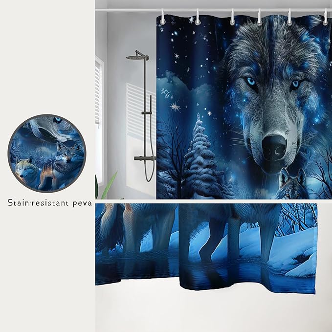 AILONEN 3D Howling Wolf Shower Curtain for Bathroo,Night Galaxy Starry Wolf Safari Animal Print Boys Teen Decor Bath Curtain 36" W*72" H Polyester Fabric Waterproof Bathroom Curtain with 12 Hooks