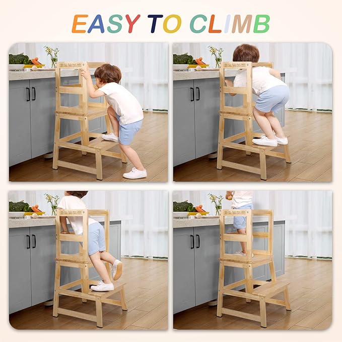Kids Kitchen Step Stool with Chalkboard & Safety Rail for Toddlers 18 Months and Older, Safety Anti-Slip Protection, Removable Step Stool for Adult Use, Natural