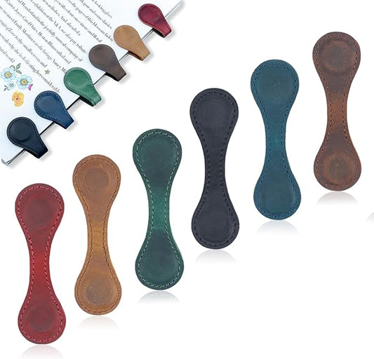 6Pcs Magnetic Leather Bookmarks Set - Vintage Faux Double-Sided Page Clips for Women & Men, Book Lover Gift Bundle for Readers Students Father's Day Gift (Red + Green + Brown+ Black + Blue + Coffee)