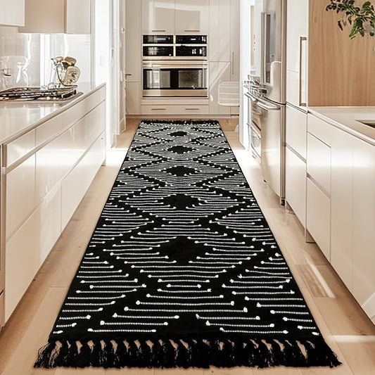 Tritard Boho Runner Rug 2x12 - Washable Extra Long Hallway Rug with Tassel, Woven Farmhouse Kitchen Runner Rugs Cotton Lightweight Aztec Low Pile Carpet for Entryway, Laundry, Bathroom, Black White