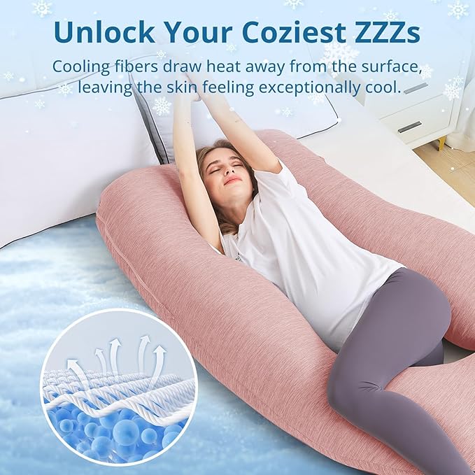 Sasttie Pregnancy Pillow Cooling, Cooling Pregnancy Pillow for Sleeping, Cooling Maternity Pillows for Pregnant Women, Pregnancy Must Haves U-Shaped Full Body Pillow with Cooling Cover, Blush