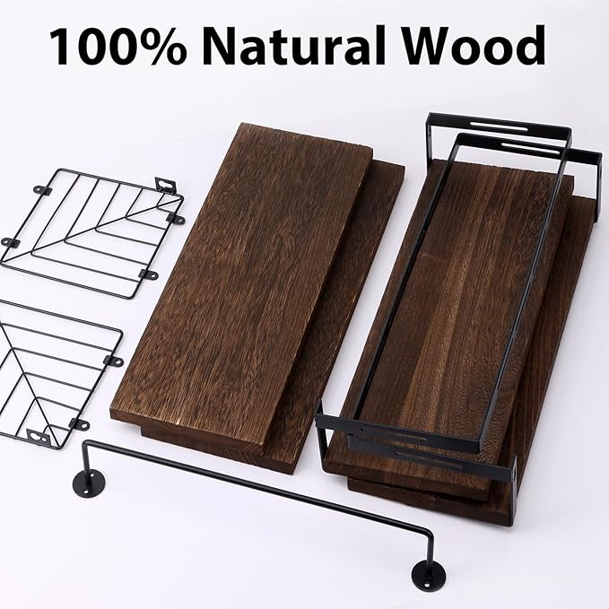 Fixwal 3+1 Tier Wall Mounted Bathroom Shelves Over Toilet, Rustic Wood Floating Shelves with Metal Frame and Towel Bar for Bathroom, Kitchen, Bedroom, Living Room (Dark Brown)