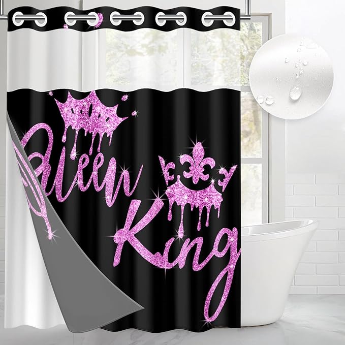 King and Queen No Hook Shower Curtain with Snap in Liner, Black and Pink Glitter Bath Curtain with Double Layers Waterproof Fabric and Mesh Top Window 71x74 Inch