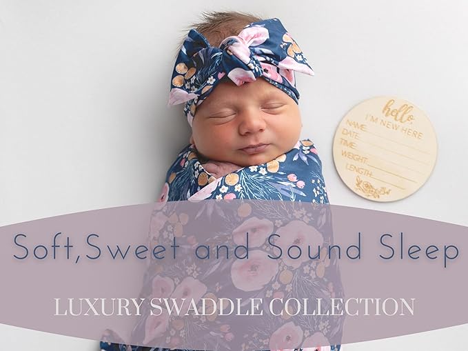 Baby Receiving Blanket Swaddle Blanket Infant Wrap with Matching Headband Beanie and Name Card (Purple)